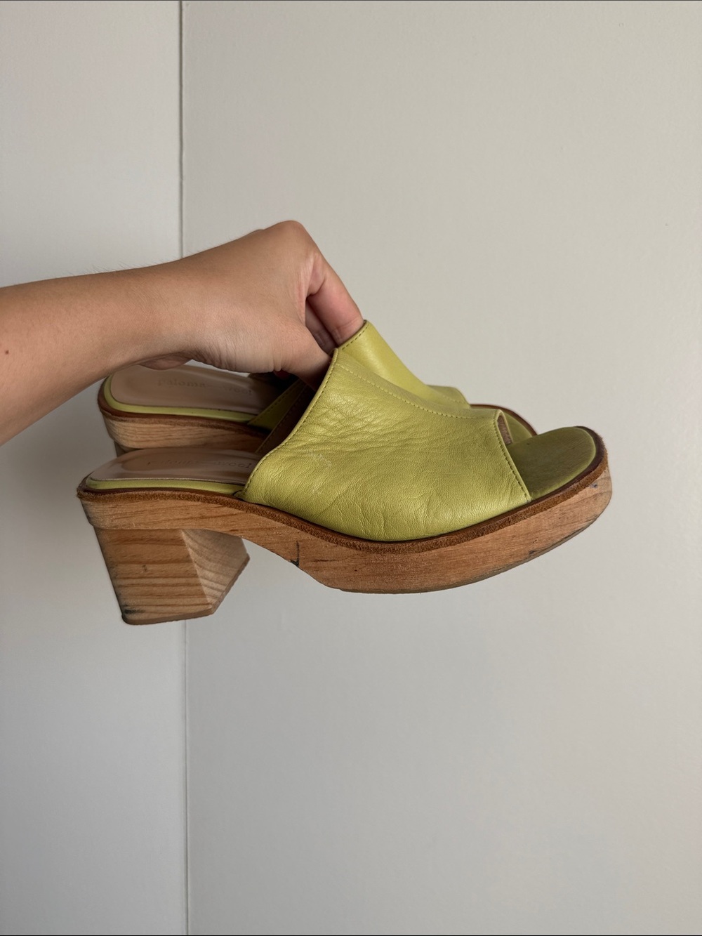 Paloma Wool Leather Open-Toe Square Mule Heels in Lime Green